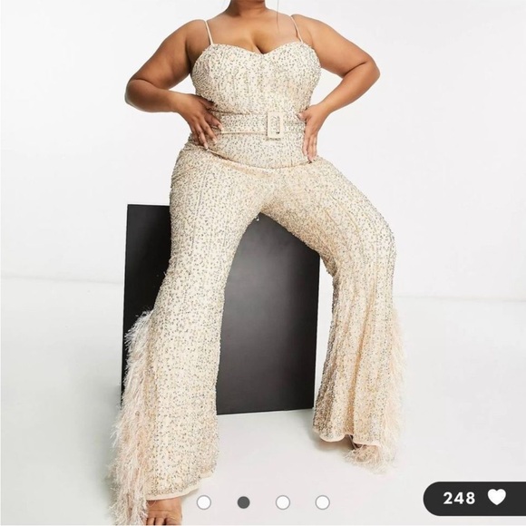 ASOS LUXE NWT Curve Embellished Belted Jumpsuit Plus Size 16 Neutral Color - Picture 7 of 7